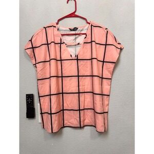 Shein XL Blouse Top Pink Black Plaid‎ V Neck Short Sleeve Casual